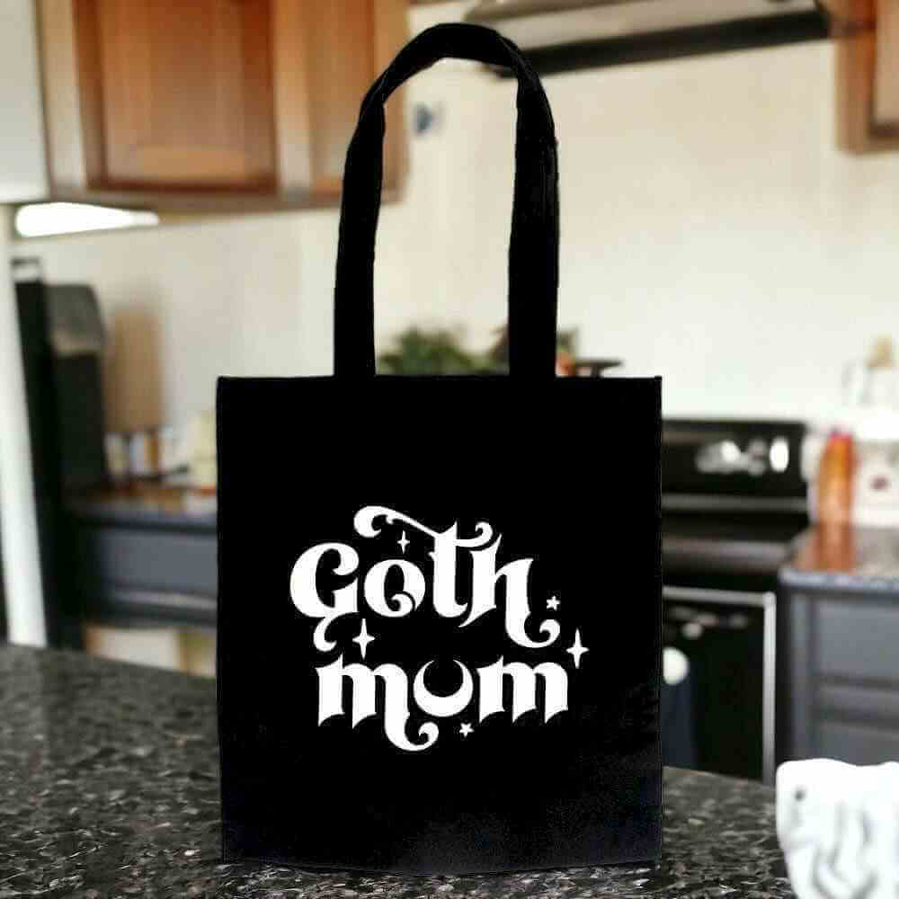 The Fashion Gift Shop: Goth Mum Polycotton Tote Bag Stylish Black Canvas Bag by Spirit of equinox, Lunch Boxes & Totes