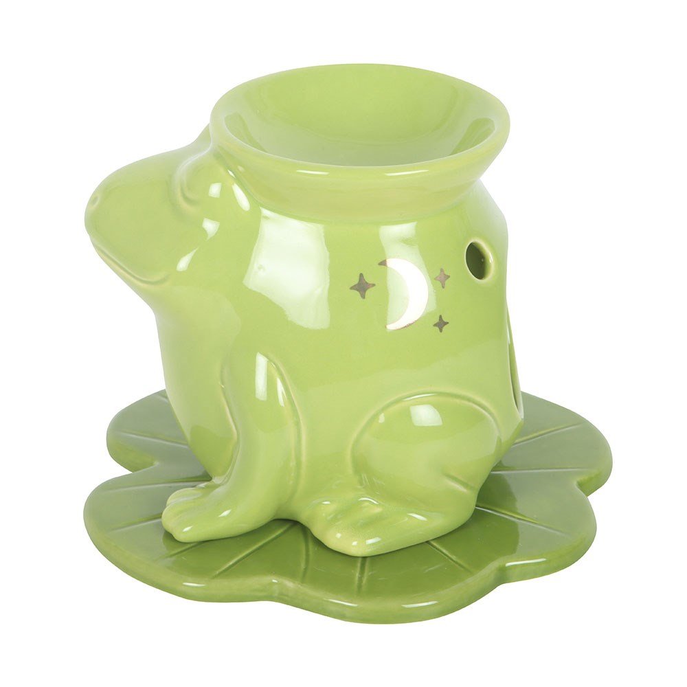 Green frog shaped ceramic oil burner and wax melt burner on lily pad base