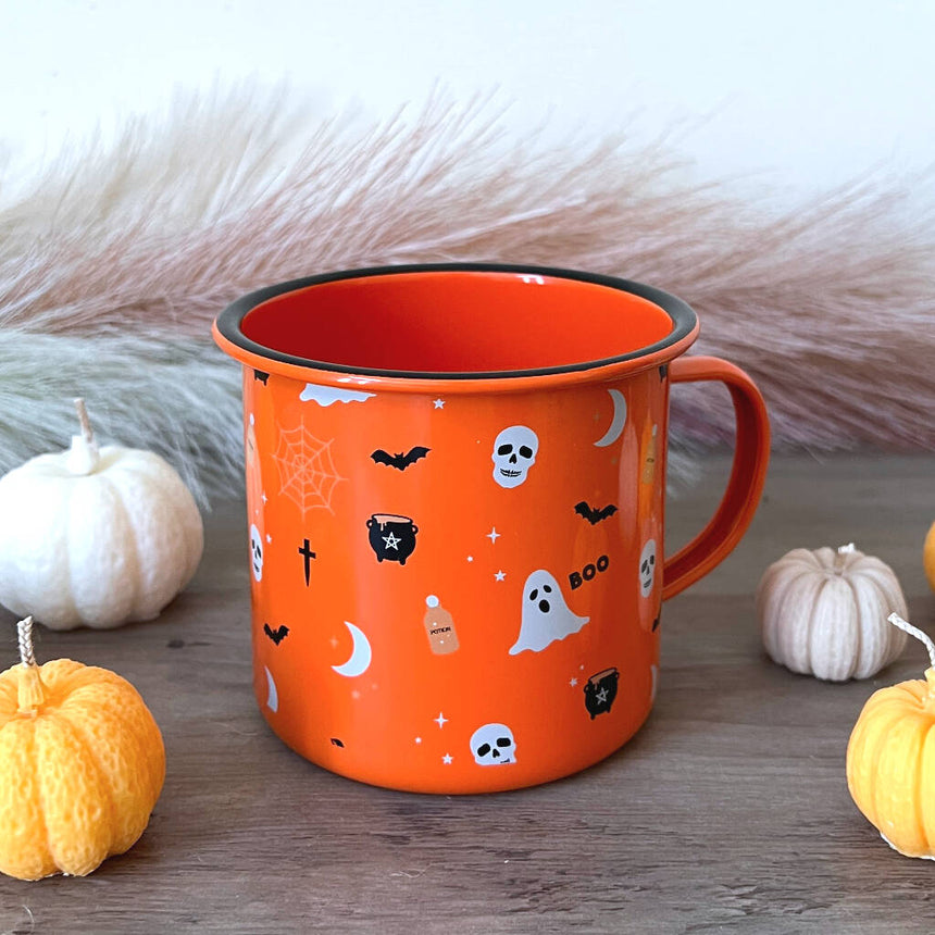 The Fashion Gift Shop: Halloween Enamel Mugs - Witches - Pumpkins - Ghost and Ghouls, Hot Cocoa Mug by Jones Home & Gifts, Mugs and Cups