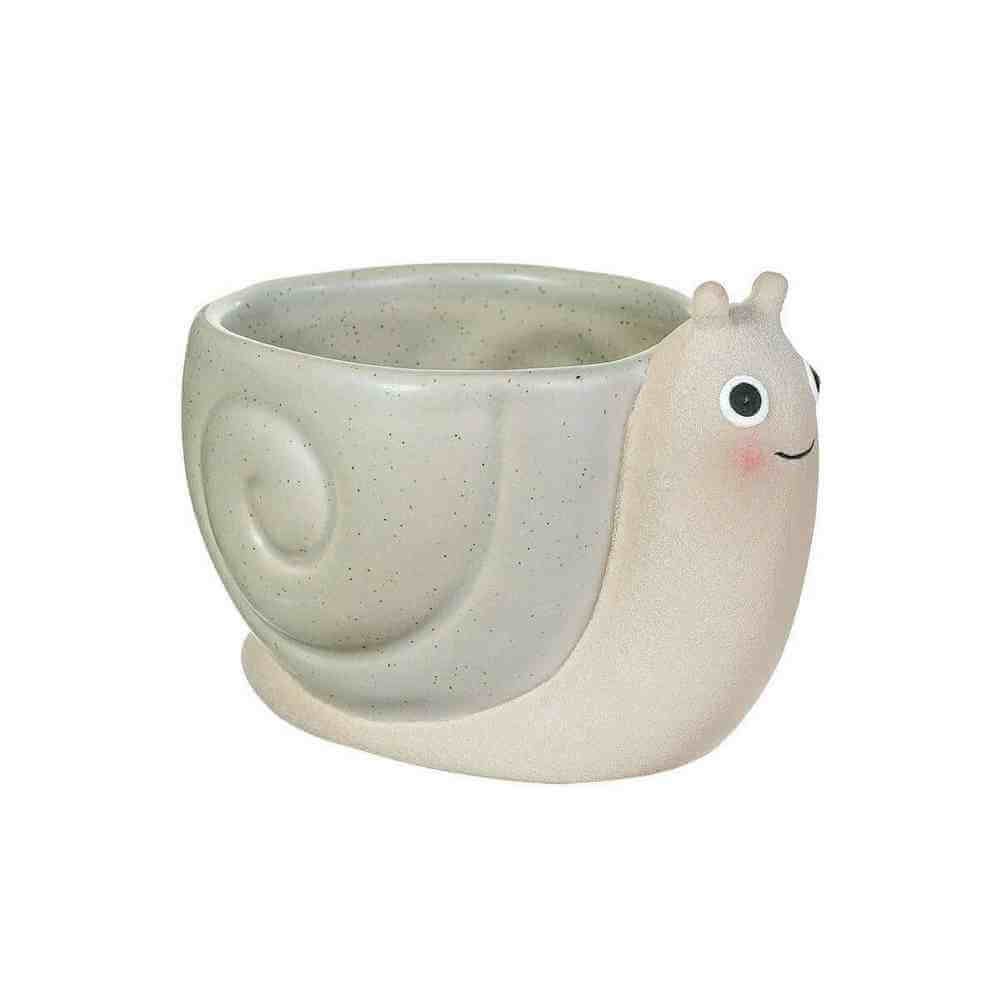 Mini snail planter, cream ceramic with speckled shell cup and wide open pot
