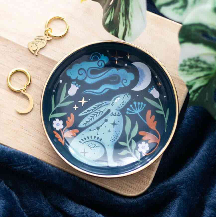 The Fashion Gift Shop: Mystical Midnight Hare Ceramic Trinket Dish for Jewelry by Spirit of equinox, Jewellery Dish