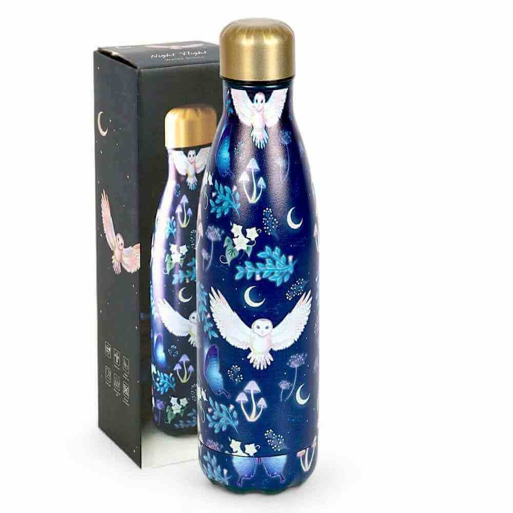 The Fashion Gift Shop: Night Flight Owl Print Metal Water Bottle for Stylish Hydration by Spirit of equinox, Water Bottles