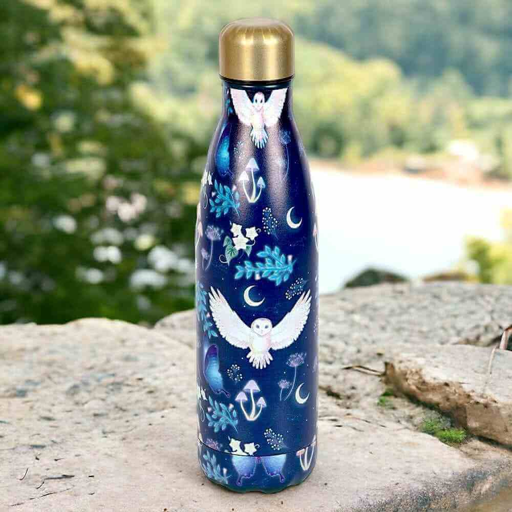 The Fashion Gift Shop: Night Flight Owl Print Metal Water Bottle for Stylish Hydration by Spirit of equinox, Water Bottles
