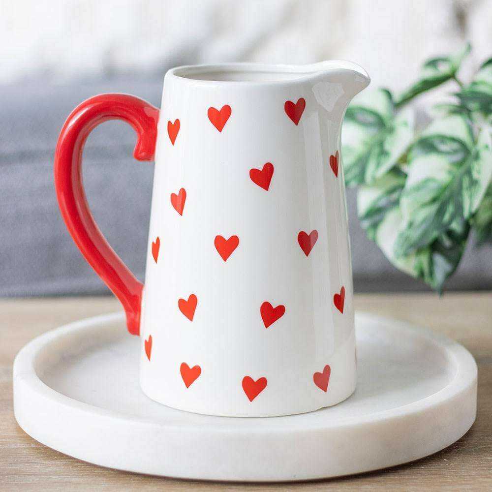 Red Heart Print Ceramic White Flower Jug, Valentines Gift for Her by Jones Home & Gifts