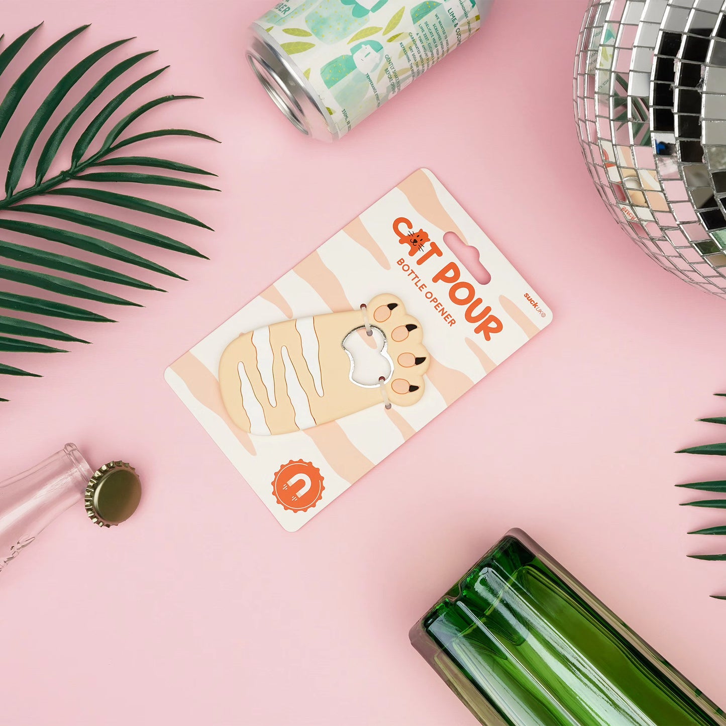 Cat Pour bottle opener package with beige striped cat magnet on a retail card.