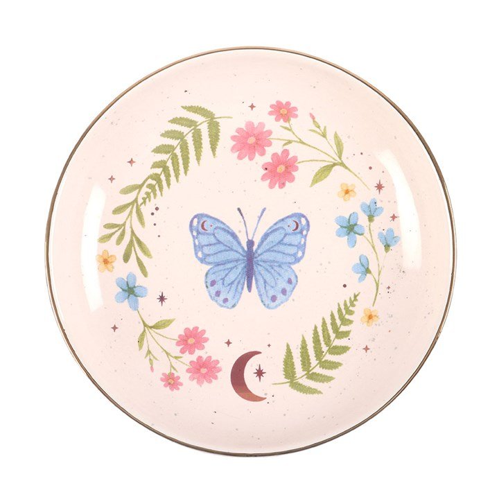 Round butterfly trinket dish with floral wreath, crescent moon and star accents