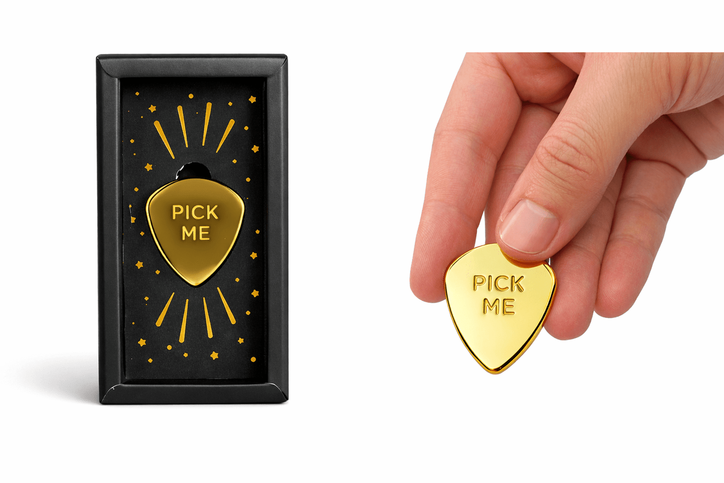 Gold-plated guitar pick charm with βPick Meβ engraving, shown with gift box.