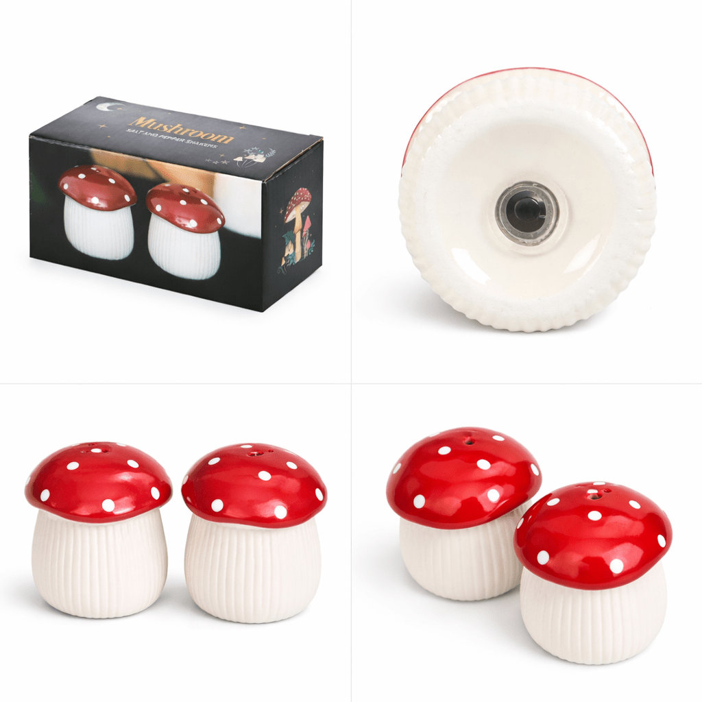 Ceramic mushroom salt and pepper shakers set with red caps and underside opening
