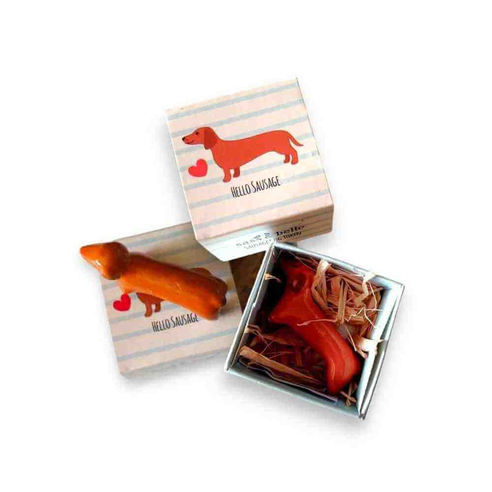 Sausage Dog Token in Box, Stocking Filler, Secret Santa Gifts