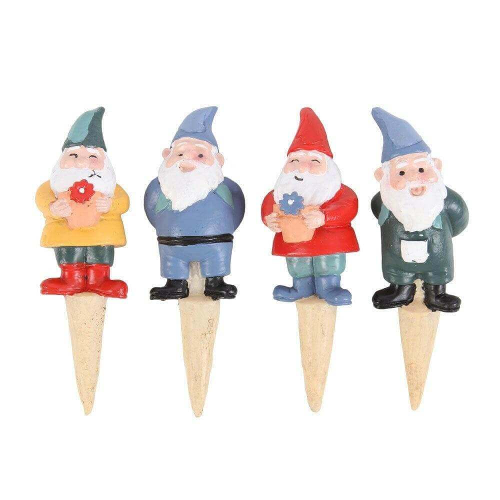 Set of four mini gnome plant pot pals figurines on cone stakes, colorful outfits