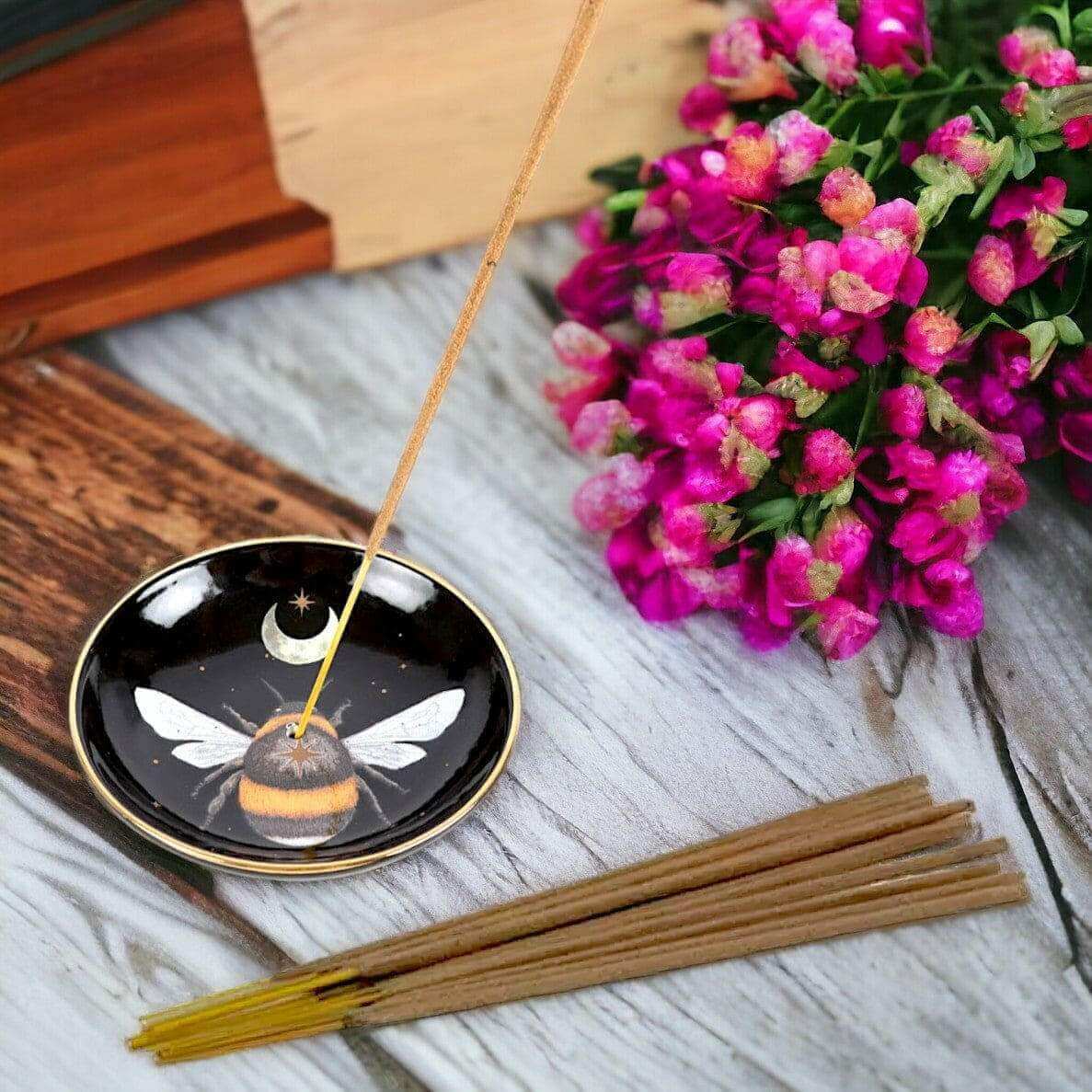 The Dark Forest Bee Ceramic Incense Plate Holder Black by Spirit of equinox