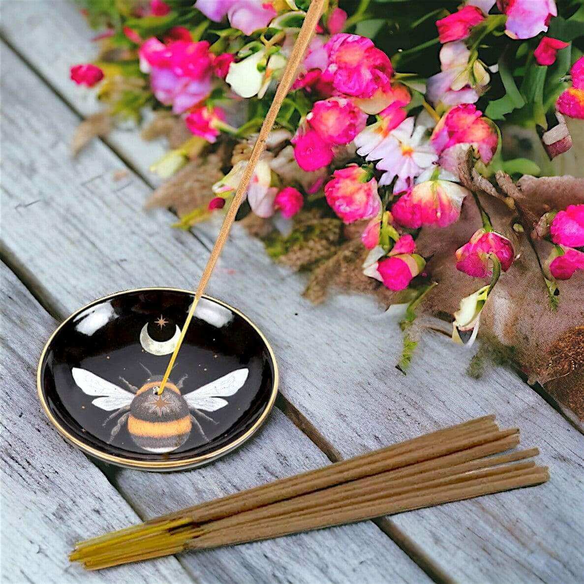 The Dark Forest Bee Ceramic Incense Plate Holder Black by Spirit of equinox