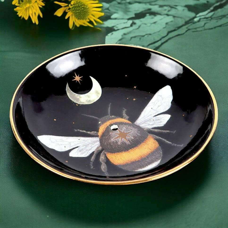 The Dark Forest Bee Ceramic Incense Plate Holder Black by Spirit of equinox