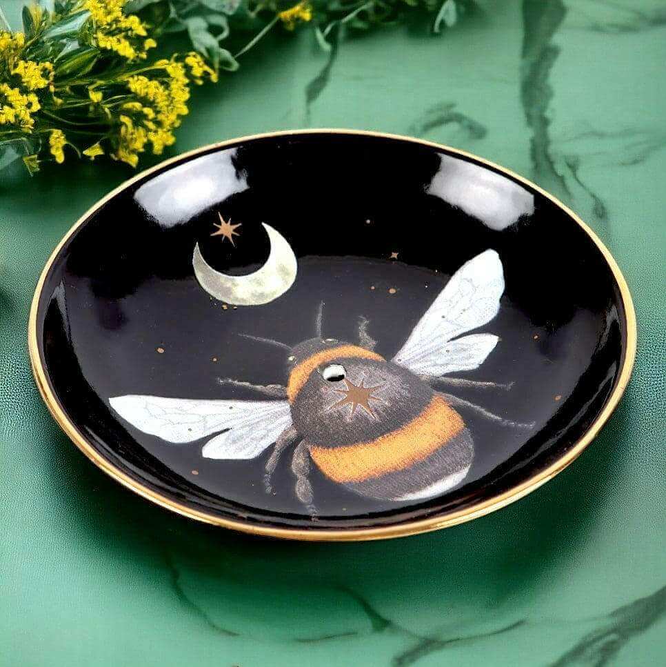 The Dark Forest Bee Ceramic Incense Plate Holder Black by Spirit of equinox