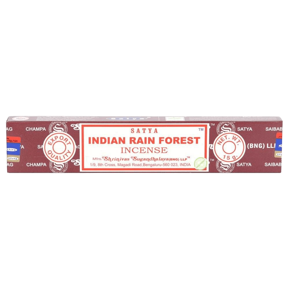 Satya Indian Rain Forest incense sticks box with red label and seals