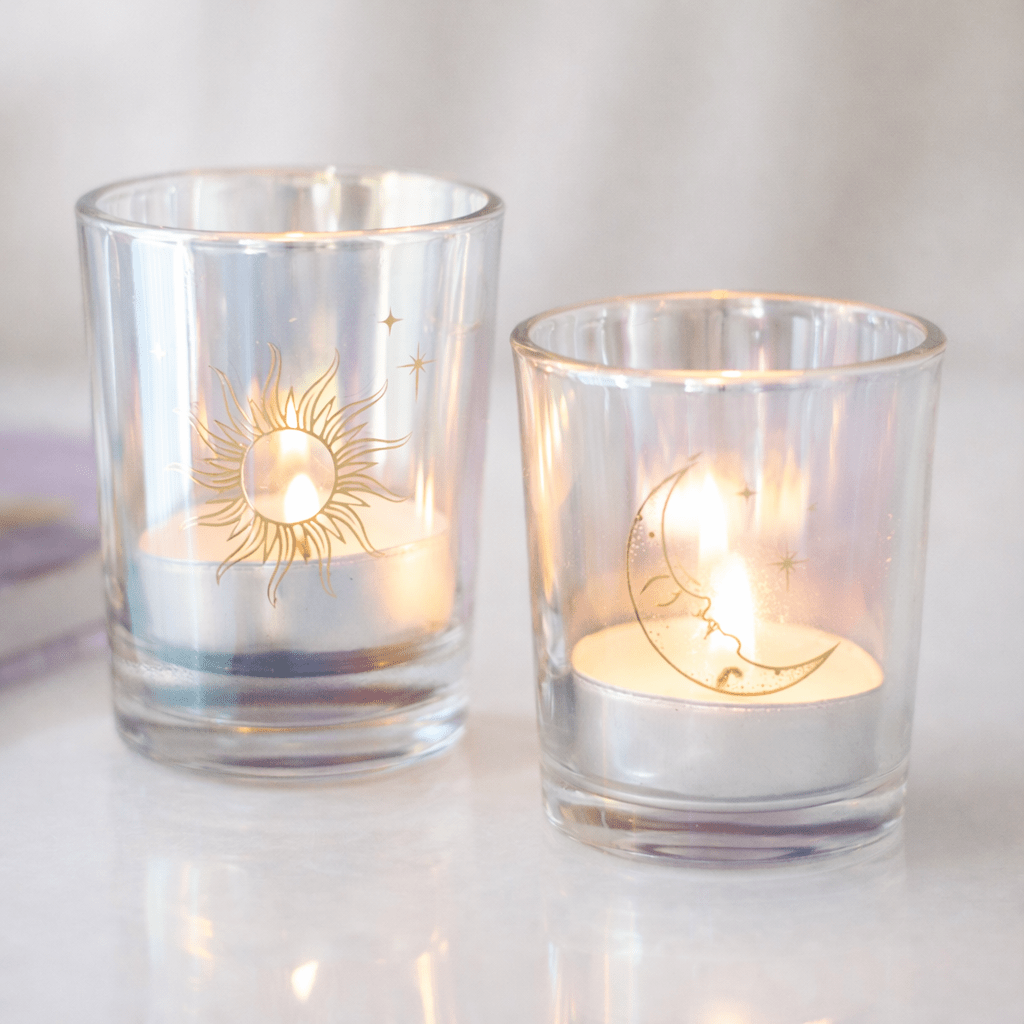 The Fashion Gift Shop: Iridescent Sun and Moon Tea Light Candle Holders – Celestial Glass Votives by Mindful Frog, Candle Holders