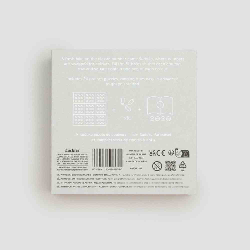 Back of wooden colour sudoku game box with diagrams, barcode, and product details