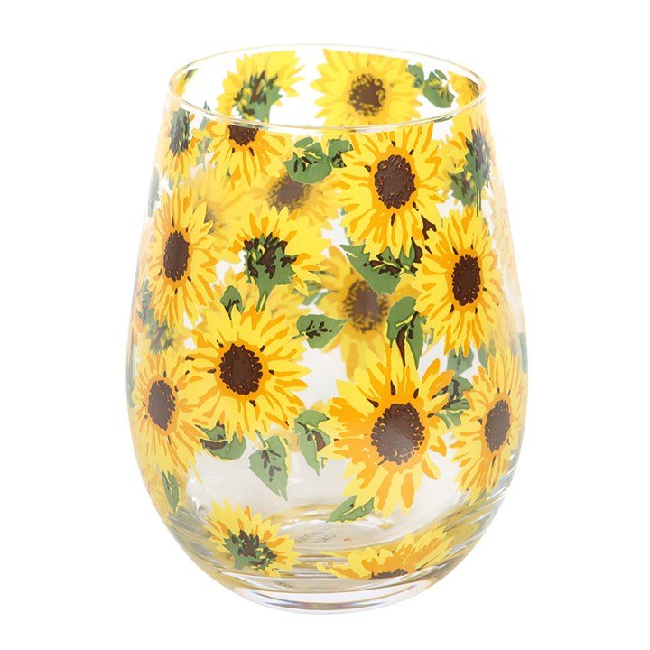 The Fashion Gift Shop: Sunflower Stemless Wine Glass – Gift Boxed Floral Glass by Jones Home & Gifts, Stemless Wine Glass