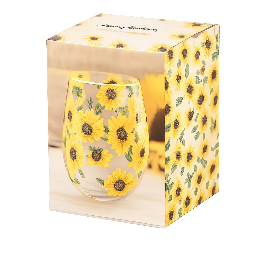 The Fashion Gift Shop: Sunflower Stemless Wine Glass – Gift Boxed Floral Glass by Jones Home & Gifts, Stemless Wine Glass