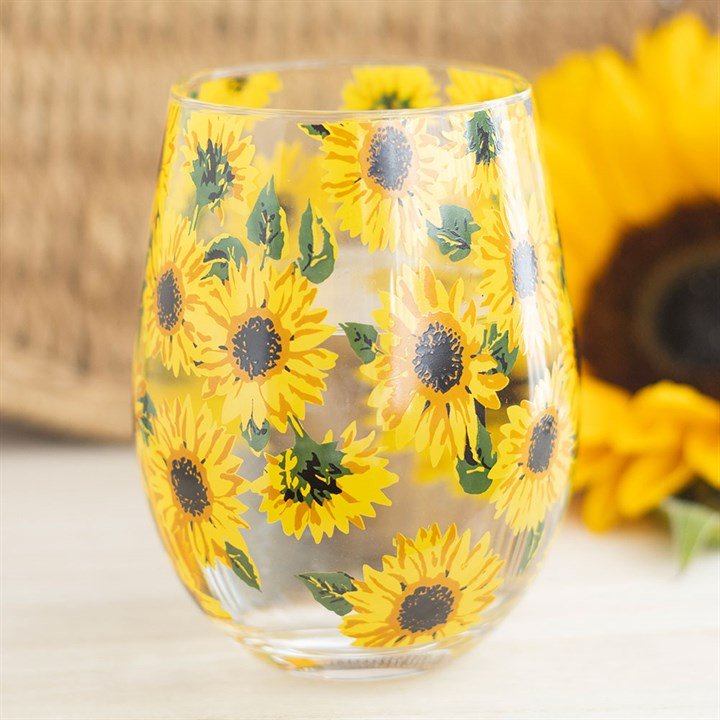 The Fashion Gift Shop: Sunflower Stemless Wine Glass – Gift Boxed Floral Glass by Jones Home & Gifts, Stemless Wine Glass