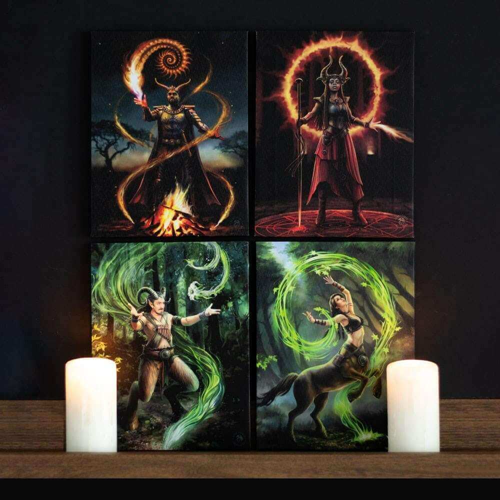 Four-panel wizard canvas wall plaques with glowing orange and swirling green magic