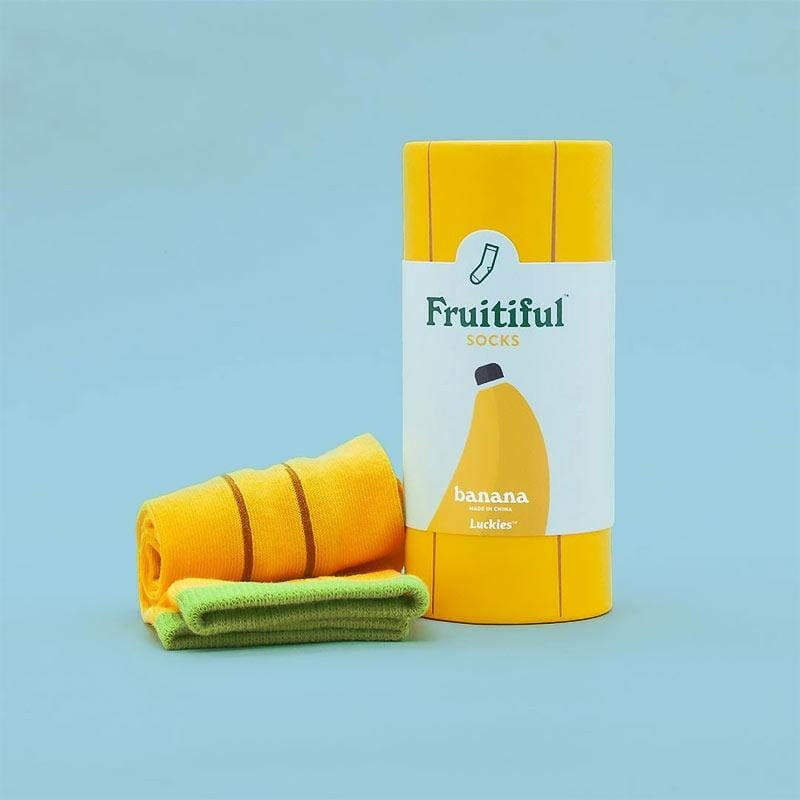 Banana socks in Fruitiful canister, yellow socks with green cuff and stripes