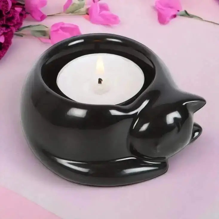 The Fashion Gift Shop: Black Cat Ceramic Tealight Candle Holder for Cozy Decor by Spirit of equinox, Tea Light Holder
