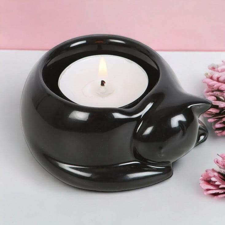 The Fashion Gift Shop: Black Cat Ceramic Tealight Candle Holder for Cozy Decor by Spirit of equinox, Tea Light Holder