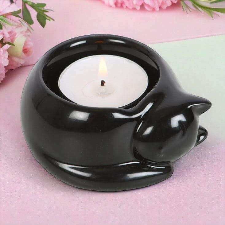 The Fashion Gift Shop: Black Cat Ceramic Tealight Candle Holder for Cozy Decor by Spirit of equinox, Tea Light Holder