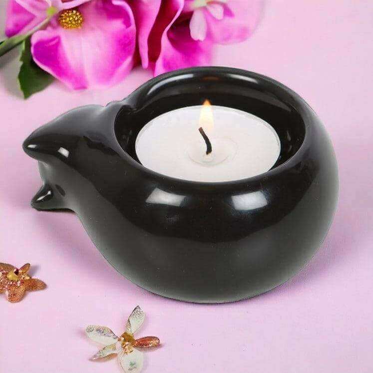 The Fashion Gift Shop: Black Cat Ceramic Tealight Candle Holder for Cozy Decor by Spirit of equinox, Tea Light Holder