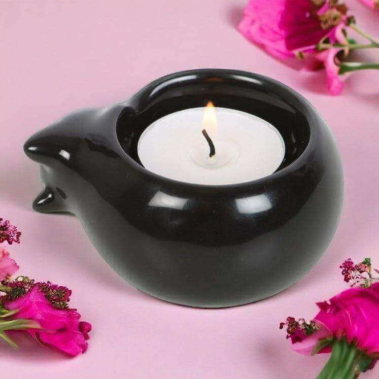 The Fashion Gift Shop: Black Cat Ceramic Tealight Candle Holder for Cozy Decor by Spirit of equinox, Tea Light Holder