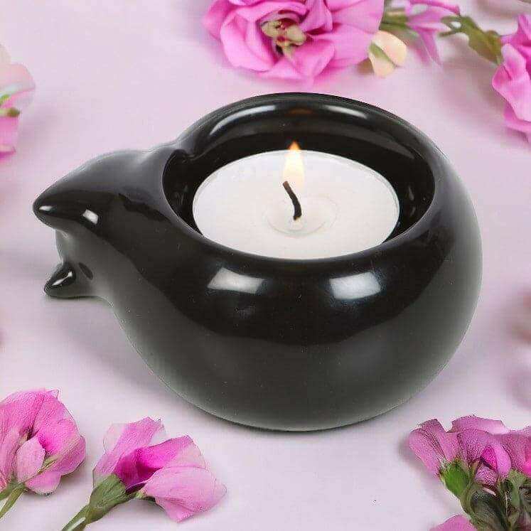 The Fashion Gift Shop: Black Cat Ceramic Tealight Candle Holder for Cozy Decor by Spirit of equinox, Tea Light Holder