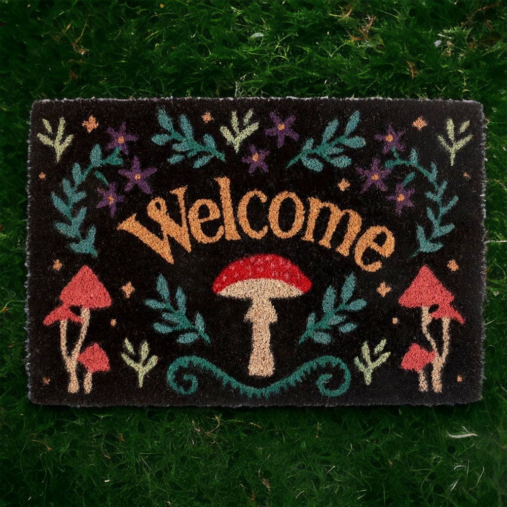 Black Mushroom Welcome Mystical Mushroom Doormat - Door Mats by Spirit of equinox
