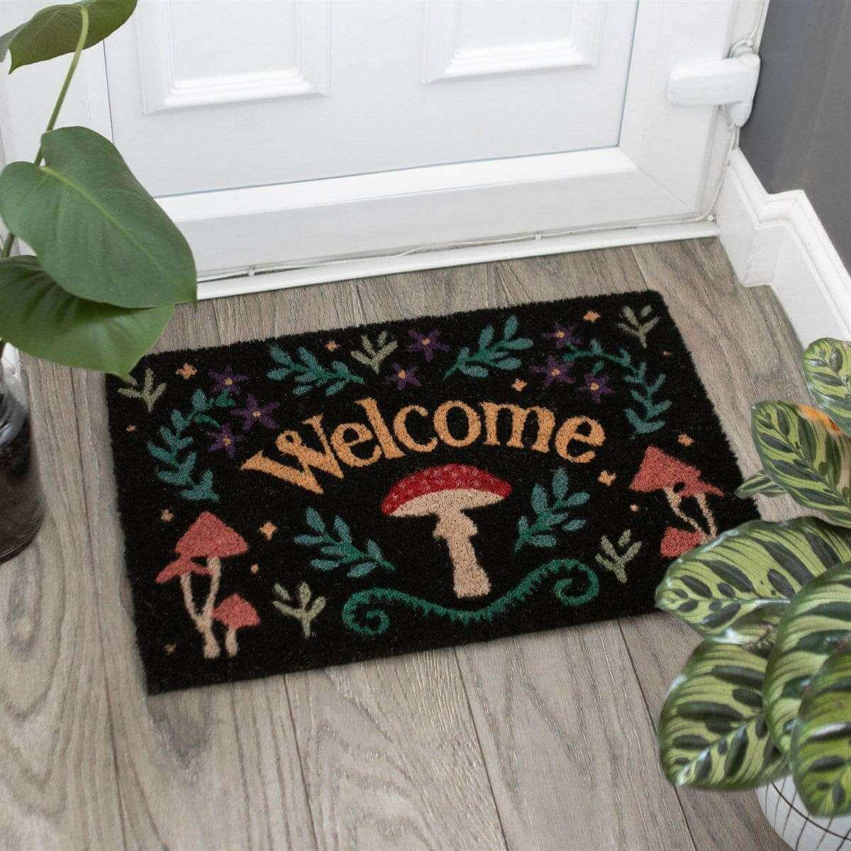 The Fashion Gift Shop: Dark Forest Black Mushroom Welcome Mystical Mushroom Doormat Indoor Use by Spirit of equinox, Door Mats
