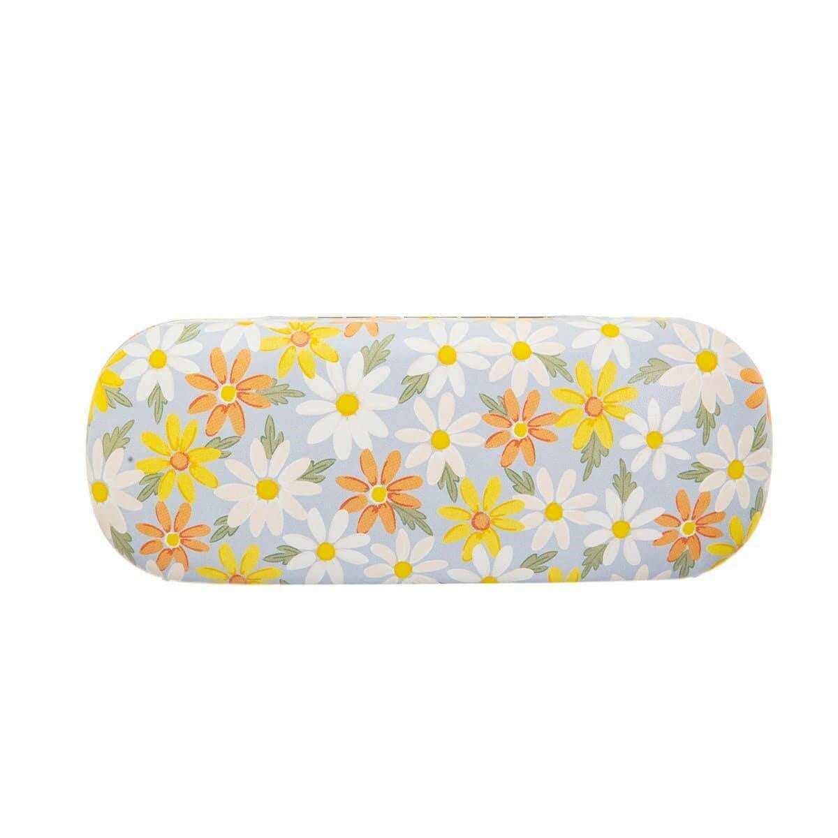 Glasses case with oval shape and light blue daisy floral print with yellow flowers
