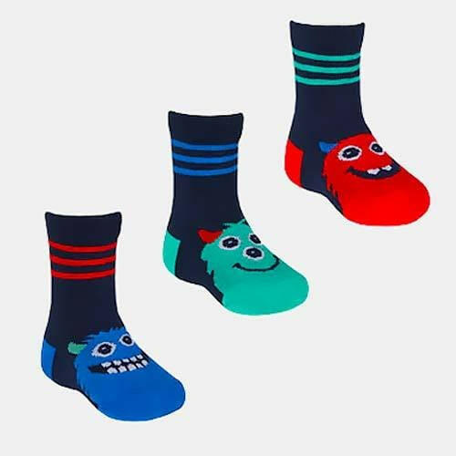Boys monster socks 3-pack with dark blue, teal, and red stripes and monster faces