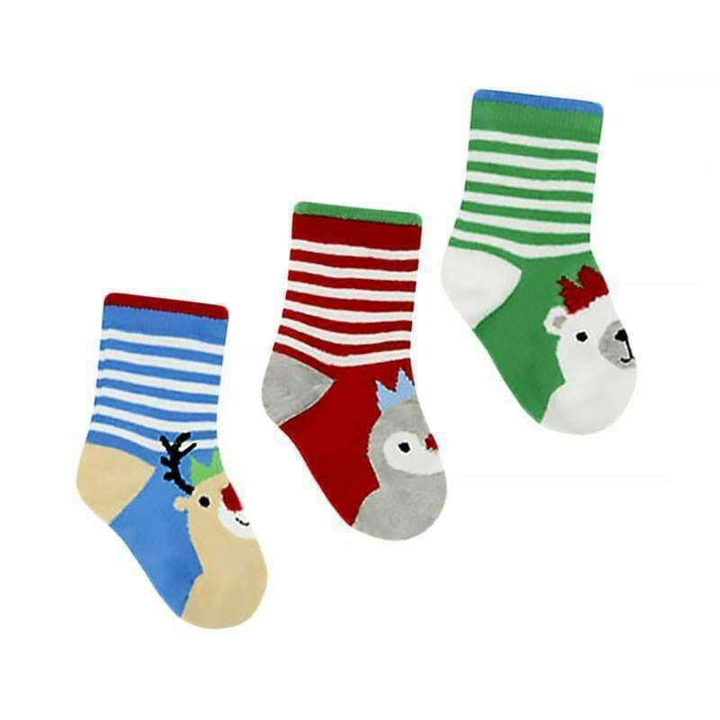 Baby Christmas socks set of 3: blue, red, and green stripes with reindeer faces