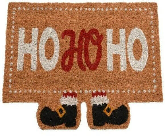 Christmas doormat with 'HO HO HO' lettering and Santa boots on brown background