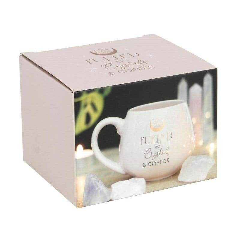 Pink rounded mug in gift box with 'FUELED by Crystals & COFFEE' branding