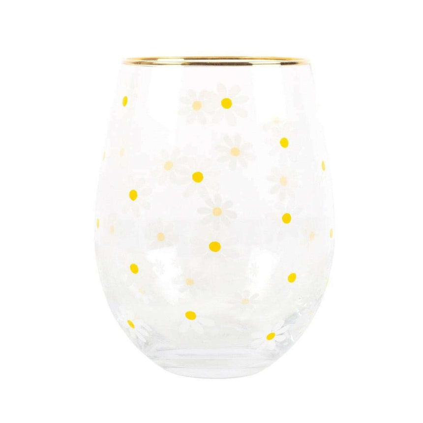 The Fashion Gift Shop: Daisy Print Stemless Wine Glass With Gold - Tone Rim by Jones Home & Gifts, Stemless Wine Glass