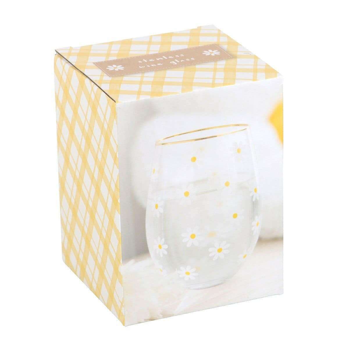 Daisy Print Stemless Wine Glass With Gold-Tone Rim by Jones Home & Gifts