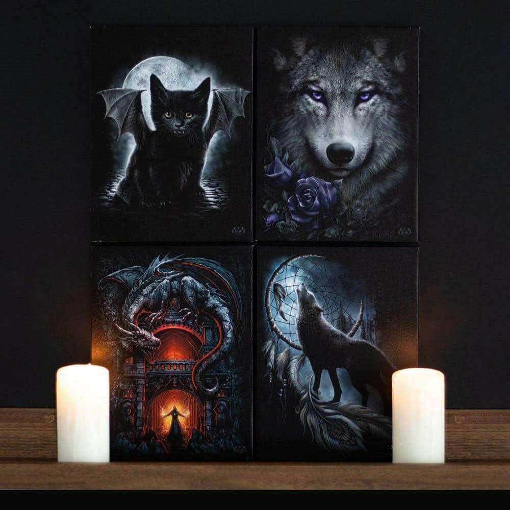 Four-panel wall art canvas plaque set with wolf and cat scenes plus dragon artwork