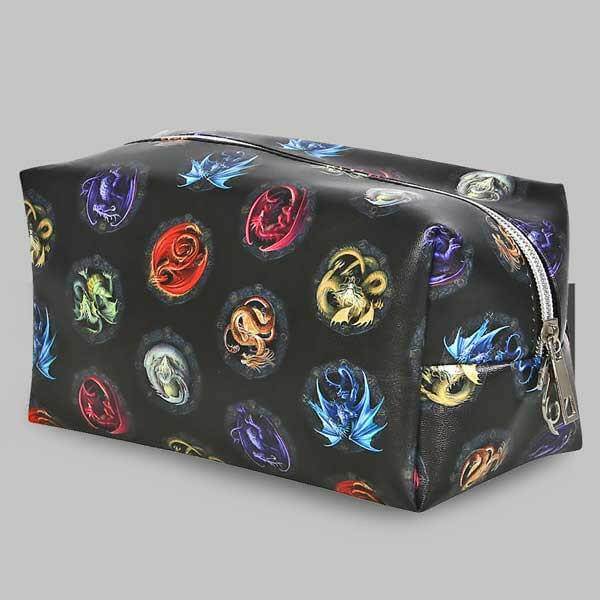 Black cosmetic toiletry bag with colorful dragon emblem print and right-side zipper