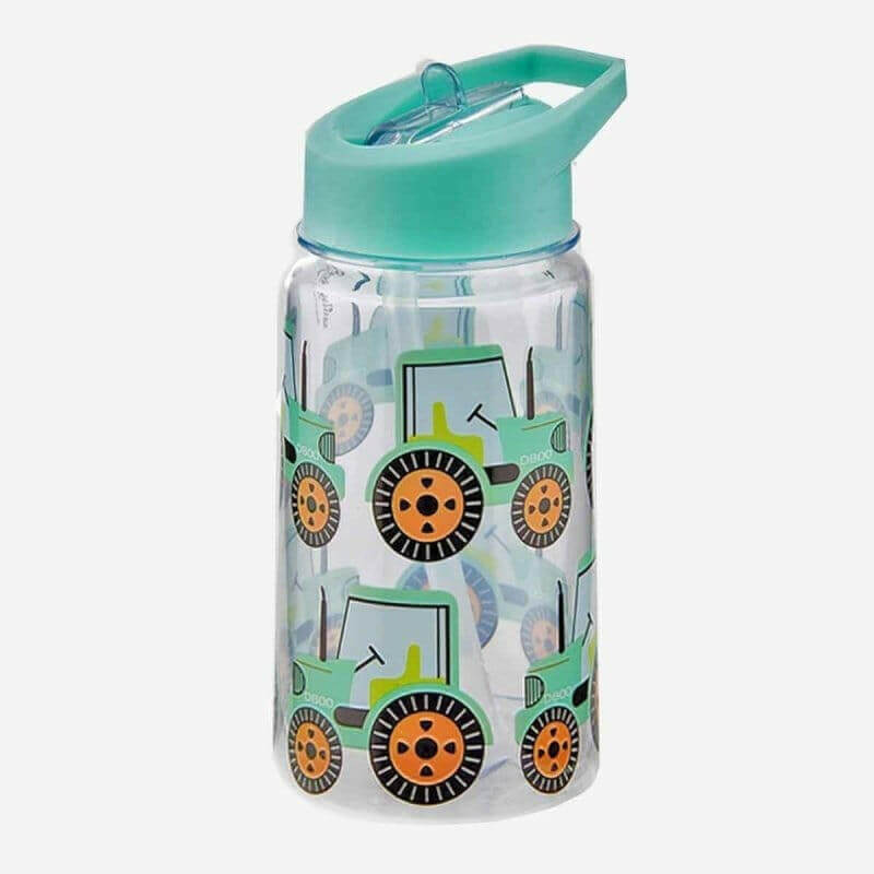 Mint tractor-print drinking bottle with mint flip-top lid