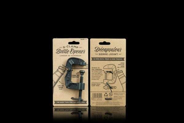 Two bottle opener packages, showing G-Clamp Bottle Opener card and branding