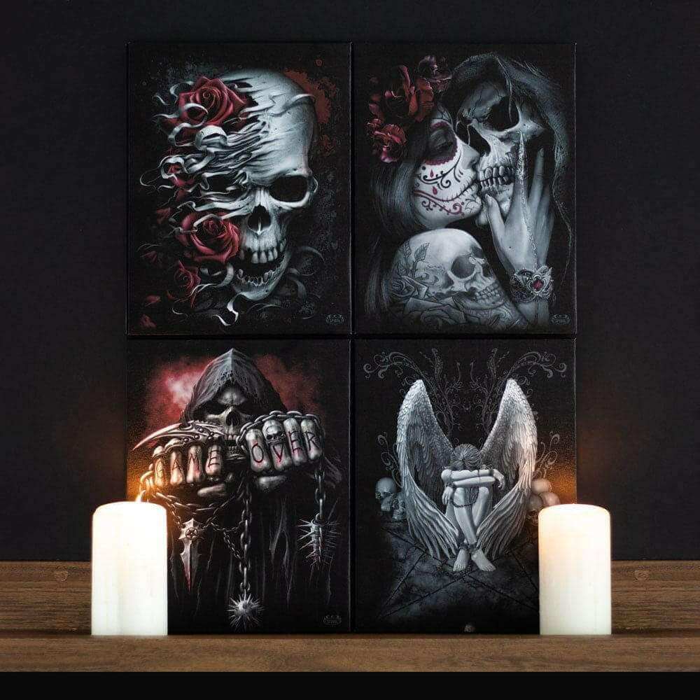 Grim reaper wall canvas plaque set of four with skull and chain artwork in dark tones