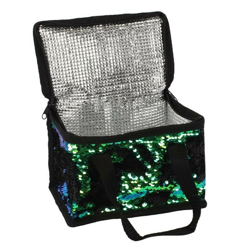 The Fashion Gift Shop: Green & Black Reversible Sequin Lunch Cool Bags by Jones Home & Gifts, Insulated lunch bag