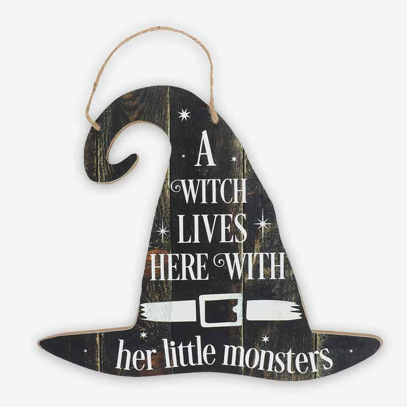 The Fashion Gift Shop: A Witch Lives Here With Her Little Monsters Hanging Sign by Spirit of equinox, Halloween Sign