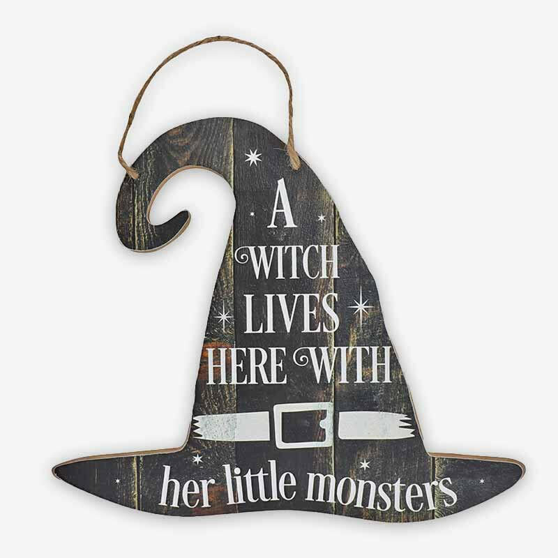 The Fashion Gift Shop: A Witch Lives Here With Her Little Monsters Hanging Sign by Spirit of equinox, Halloween Sign