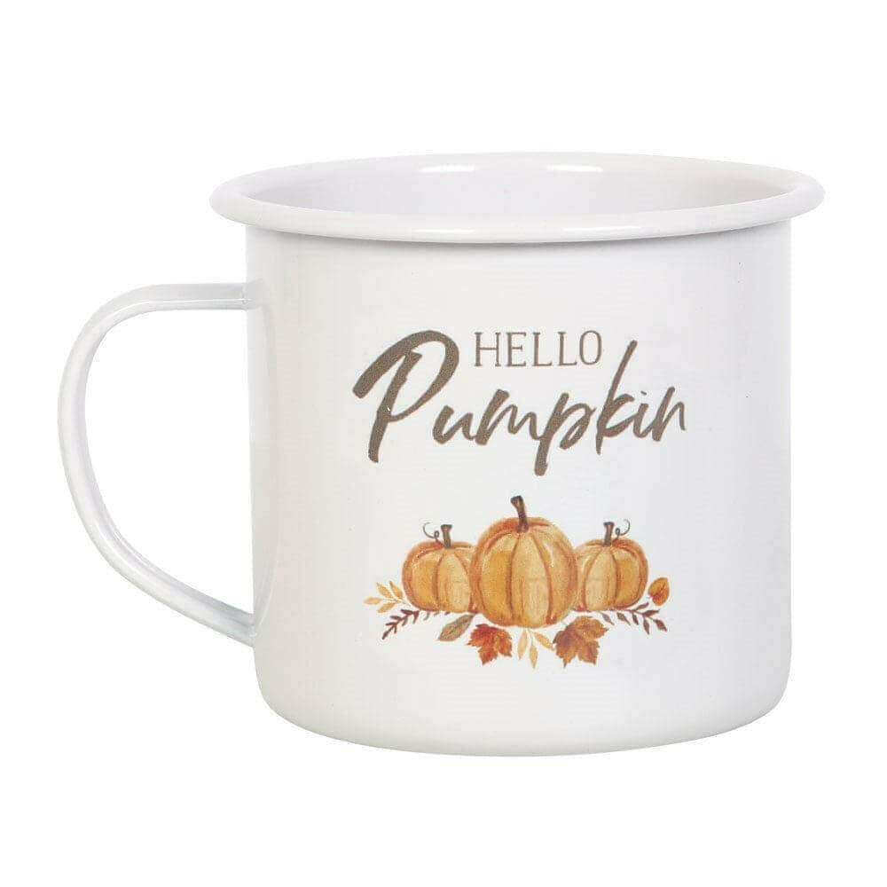 The Fashion Gift Shop: Hello Pumpkin Illustration Enamel Autumn Mug by Jones Home & Gifts, Mugs and Cups